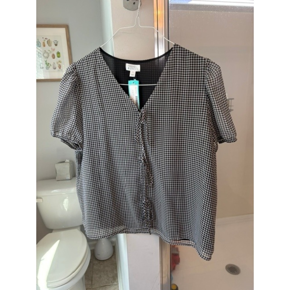 Market & Spruce Daphne Women's L Black Gingham Tie Front Puff Sleeve Blouse